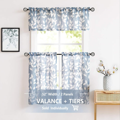 Treatmentex Blue Kitchen Tier Curtains, 24" Short White Leaf Print Café Curtains, 2 Panels