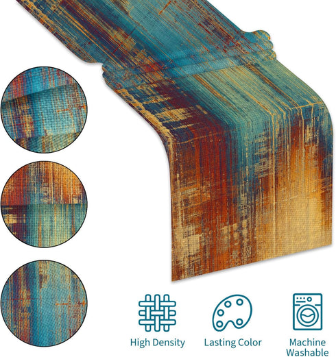 AILUER 71in Burnt Orange Farmhouse Table Runner Vintage Abstract Blue and Orange Table Runner Messy Rust Painting