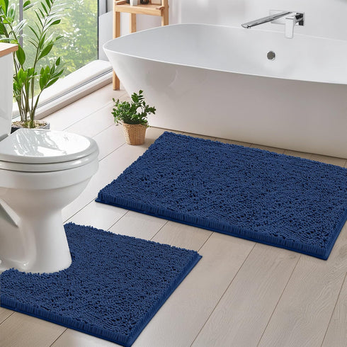 Bathroom Rugs Sets 2 Piece, Luxury Chenille Bath Mat Set, Soft Plush Anti-Slip Rug + U-Shaped Toilet Mat, Blue