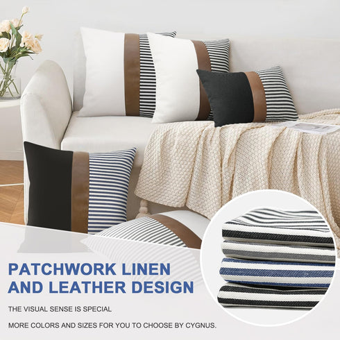 cygnus 20x20 Pillow Covers Set of 2, Farmhouse Decor Stripe Patchwork Linen Throw Covers for Couch Sofa
