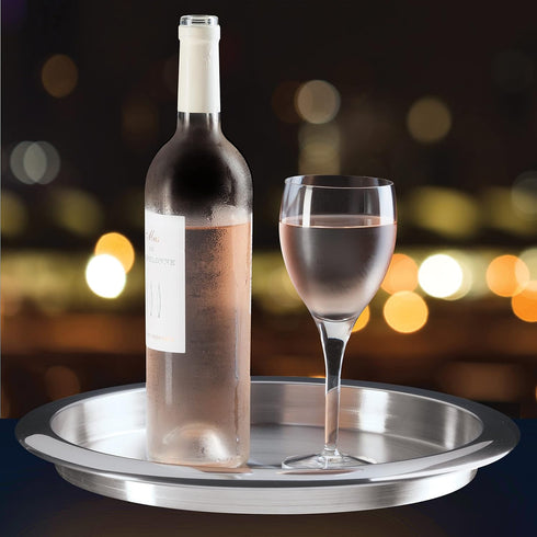 OGGI 14" Round Steel Tray - Decorative Coffee Table, Tea and Bar Serving Tray, Stainless Steel