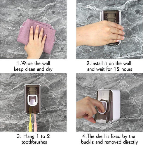 LUEXBOX 2 2 1 Slot Toothbrush Holder and Toothpaste Dispenser Wall Mounted, Automatic Toothpaste Squeezer, in Tooth