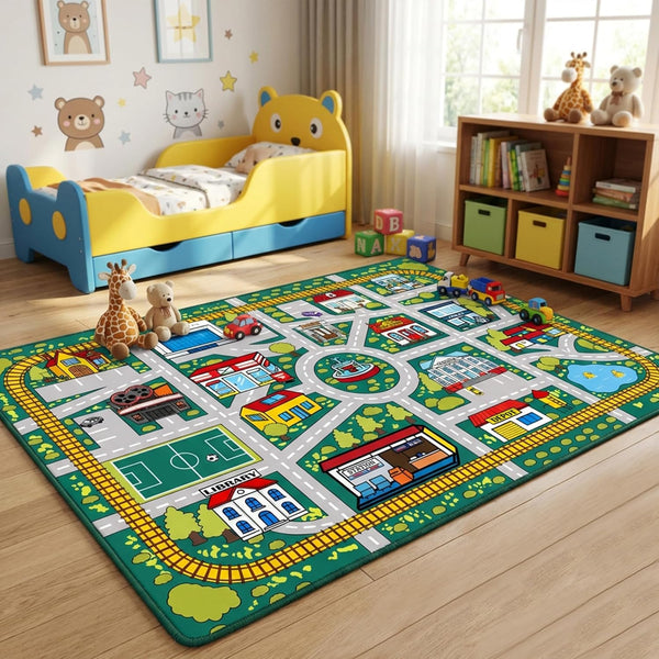 Plyra Kids Car Road Rug (3x5 Ft), Non-Slip City Traffic Play Mat for