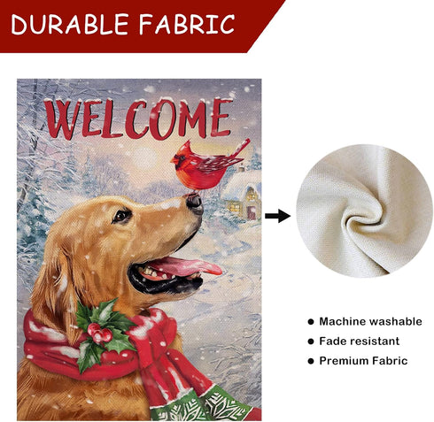 Welcome Winter Golden Retriever Dog Decorative Burlap Garden Flag, Puppy Cardinal Pet Home Yard Decor, Double Sided 12