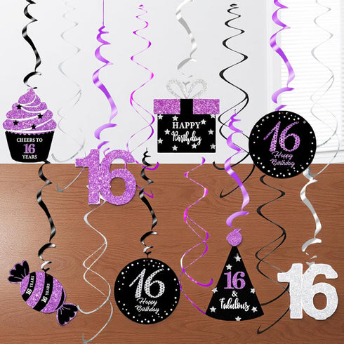 Sweet 16 Birthday Decorations Purple Silver Black, 16th Birthday Party Decor with Foil Hanging Swirls for Women/Girls