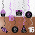 Sweet 16 Birthday Decorations Purple Silver Black, 16th Birthday Party Decor with Foil Hanging Swirls for Women/Girls
