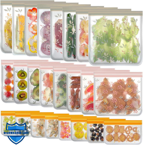 24 Pack Dishwasher Safe Reusable Bags, Silicone Leakproof Freezer Bags for Food Storage and Home Organization
