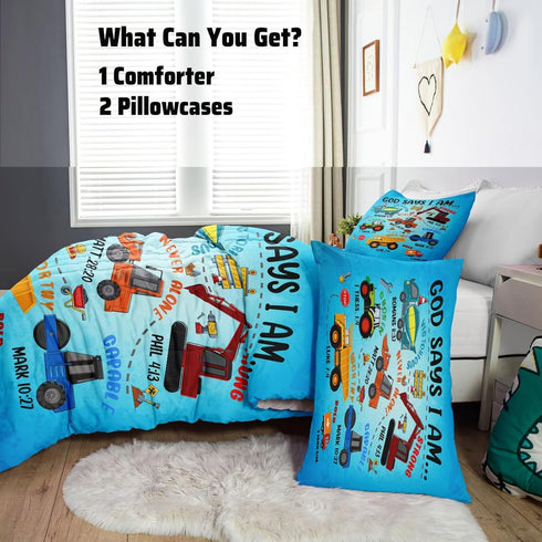 Set Set,Car Set1 2 Boys Construction Vehicles Truck Comforter Twin,Christian Kids God Says I Am Construction Bedding