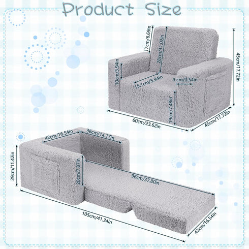 SLIGUY Toddler Couch & Chair - Convertible Sofa to Lounger, Pull Out Couch with Sherpa Cover in Dark Grey