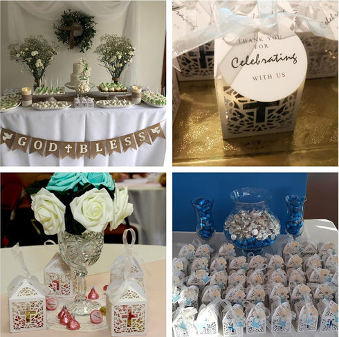 VIVIQUEN Baptism Favor Boxes, Laser Cut Cross Favor Boxes with 50 Ribbons for Baby Shower and Wedding Party Decorations