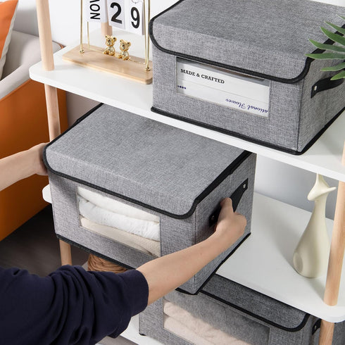 Fabric Storage boxes,Storage Baskets for Shelves with Lids, Fabric Storage Bins with Handles, Decorative Linen Closet Organizers Boxes,Small, Gray, 1-Pack by YheenLf