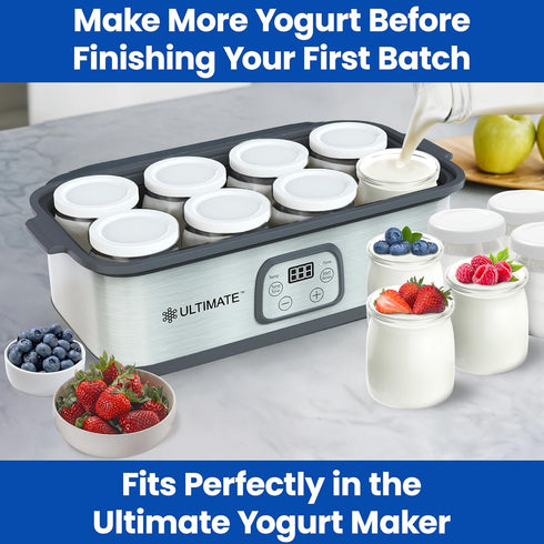 8 Count 100% Ultimate Yogurt Jars - Make More Delicious Yogurt! Small Glass Yogurt Cups With Lids - BPA Free, Airtight