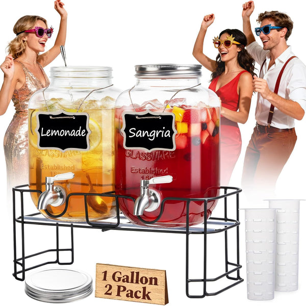 KIKCOIN 1 Gallon Glass Drink Dispensers for Parties, 2 Pack Leakproof Beverage