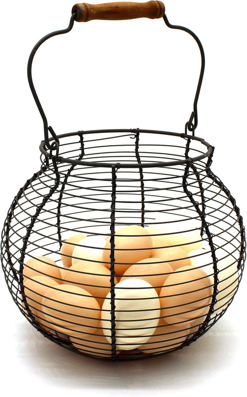 CVHOMEDECO Antique Wire Egg Basket, Vintage Gathering Basket with Wood Handle, Rusty