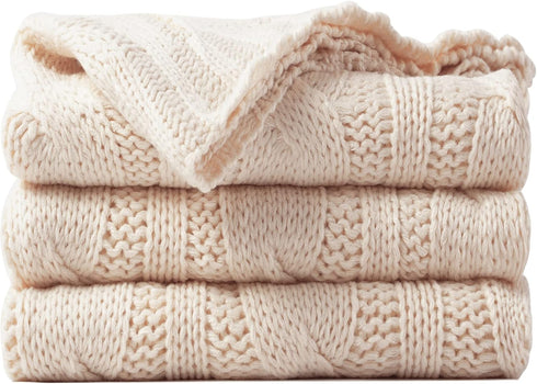 Battilo Cream Ivory Cable Knit Throw Blanket for Couch, Super Soft Warm Cozy Decorative Knitted Throw 50"x60"