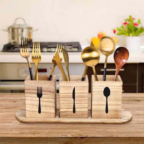 Kathfly 4 Pcs Silverware Caddy Utensil Holder for Countertop, Wood Tray Spoon Fork Holder for Kitchen Parties (Brown)