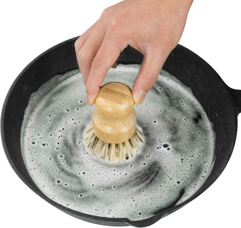 Palm Pot Dish Brush - Nature Bamboo Mini Durable Scrub for Kitchen Cleaning, 2 Packs with Ceramics Holder