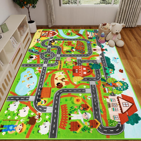 Mfmiudole 39.4" 59" Tummy Kids Rug Play Mat for Toy Cars, Farm Life Road Traffic for Playroom Kids Car Road Rugs