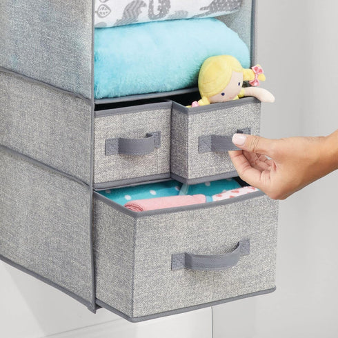Closet 7 Shelves/3 mDesign Fabric Hanging Organizer - Over Rod Storage - Removable Drawers for Baby Nursery Bedroom