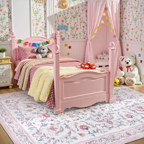 5x7 Lahome Pink Floral Rugs for Bedroom Girls Soft Washable Non-Slip Living Room Rug Vintage Botanical Boho Flower