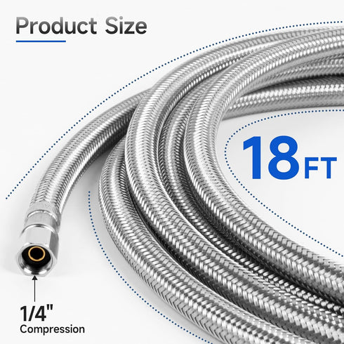 JUWO 18 FT Refrigerator Water Line, 1/4 Inch Compression Stainless Steel Ice Maker Hose Connector, For Medium-sized Residences with Long Distance by JUWO