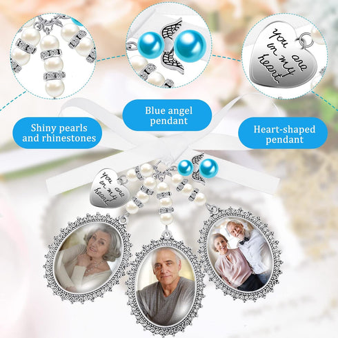 Wedding Bouquet Charm - Bridal Lacy Oval Photo Charm for Wedding Memory, Memorial Bride Angel Pendant for Bridal Shower