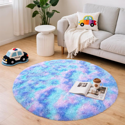 4Ft Blivonta Rainbow Round Rug for Bedroom, Fluffy Circle Area Rugs for Living Room, Shag Fuzzy Carpet for Kids Room