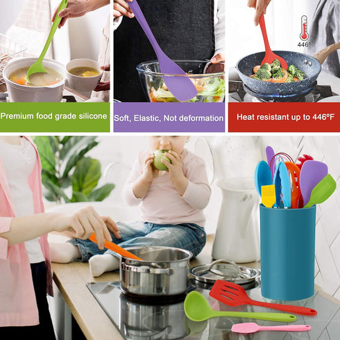 LIANYU 14 Pcs Silicone Cooking Utensils Set with Holder, Heat Resistant Kitchen Tools Includes Spatula, Spoon, Turner,