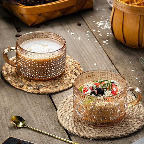 Gezzeny 14 Oz Set 2 Vintage Coffee Mugs of Amber Embossed Glass Tea Cups for Cappccino, Latte,Cereal, Yogurt, Beverage