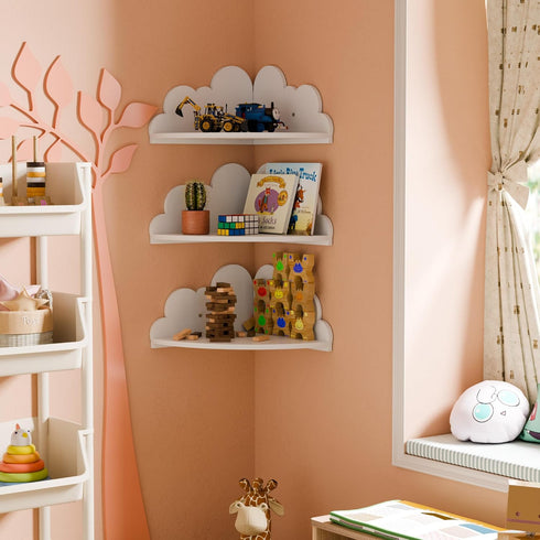 Set 3 Cloud Floating Corner Shelves - of Cloud Corner Wall Shelves for Kids Room, White Floating Shelf Nursery Wall