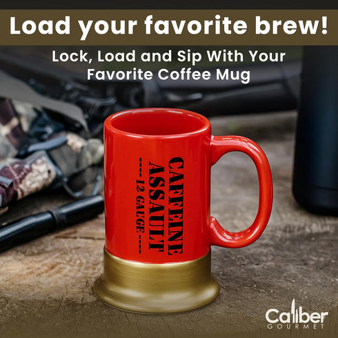 Caliber Gourmet 12-Gauge Shotgun Shell Mug – Bold Red Ceramic Coffee Mug, Unique Gift for Hunters & Collectors