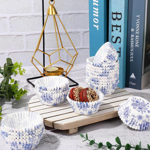 600Pcs Blue Floral Cupcake Liners, Disposable Decorative Muffin Brownie Cups for Baking Party Supplies