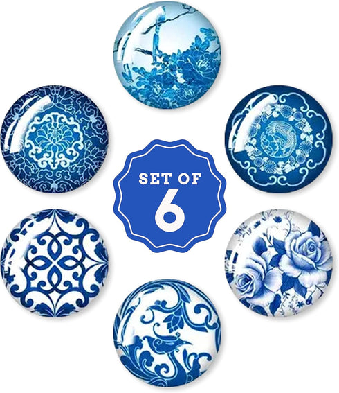 Jolitee Blue and White Chinoiserie Glass Magnets, Strong Kitchen Refrigerator Magnets, Small Decorative Magnets for Whiteboard Cabinets, Cute Fridge Magnet Set of 6, 1 inch