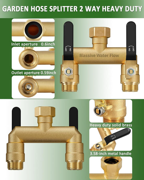 LNEZCDB 2 2 3/4 Inch Hose Splitter Way Heavy Duty, Full Flow Garden Hose Splitter with Long Metal Handles, Brass Rust