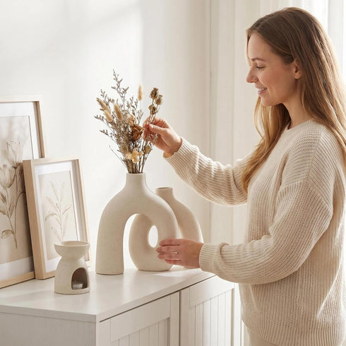 Set CEMABT Modern Nordic Boho Vase - Elegant Beige Matte Ceramic Home Decor for Living Room, Bookshelf, Mantel
