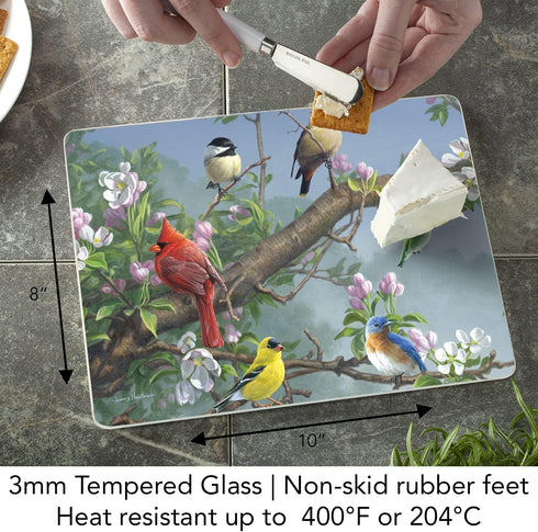 CounterArt Beautiful Songbirds Decorative 3mm Tempered Glass Cutting Board, 10” x 8”, Dishwasher Safe, USA Made