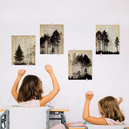 HRQKO Vintage Forest Wall Art: Set of 4 Black Landscape Prints for Farmhouse Living Room