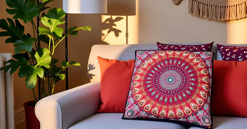 24" 24" INDIAN CRAFT CASTLE Red Peacock Mandala Barmeri Large Floor Pillow Cover Cushion Meditation Seating Ottoman