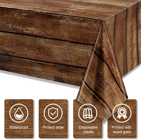 Irenare 3 Pcs Brown Wood Grain Tablecloths, Rustic Plastic Table Covers for Rectangle Table, Vintage Farmhouse