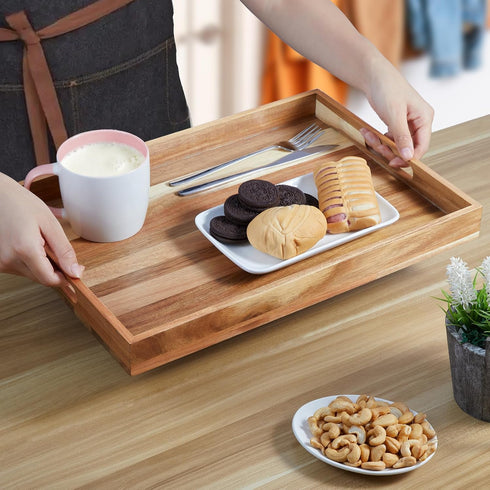 dreamkey 17 Inch Acacia Wood Serving Tray with Handles - Large Wooden Tray for Ottoman, Breakfast in Bed, Dinner