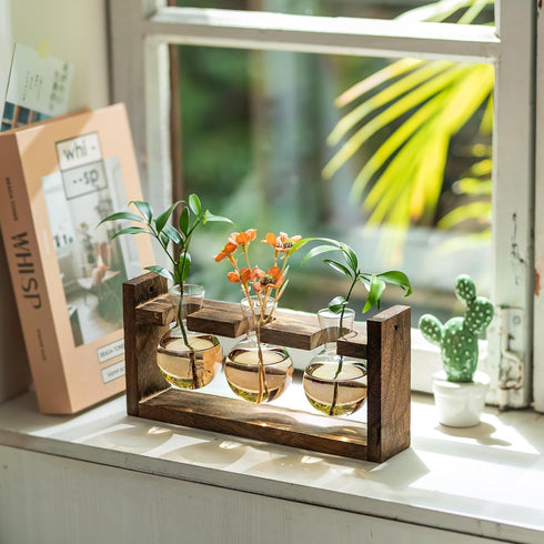 Gradient Brown Plant Propagation Station with Wooden Stand - Rustic Wall Decor for Plant Enthusiasts