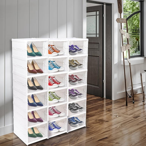 6-Tier Closet Nicunom Foldable Shoe Rack Organizer, Shoe Storage Box Collapsible Plastic Shoe Shelf Clear Shoe Boxes