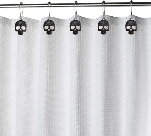 Set of 12 Decorative Sugar Skull Shower Curtain Hooks - Stainless Steel Rustproof Skeletons Bathroom Rings (Black)