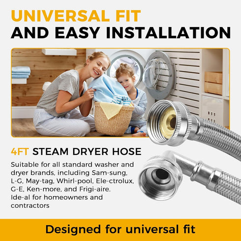 4FT Premium Steam Dryer Hose Installation Kit - 4 Ft 90 Degree Elbow Stainless Steel Hose, Inlet Adapter Hose, Y