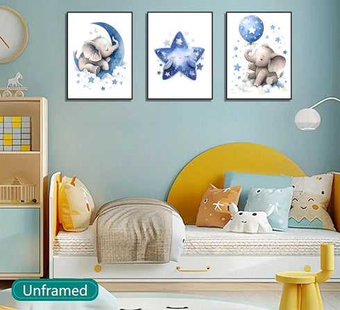 3Pcs 12X16unframed Blue Nursery Elephant Canvas Wall Art Baby Boy Wall Decor Cute Animal Painting Pictures Moon