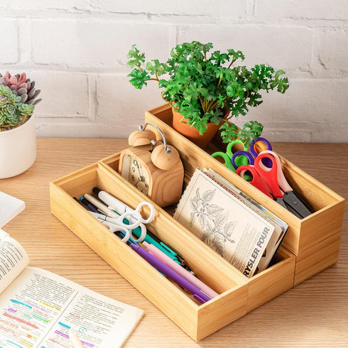 Kigley 8 Pieces Bamboo Drawer Organizer, Stackable Wooden Utensil Storage Box for Kitchen Drawers (12 x 3 x 2 Inch)