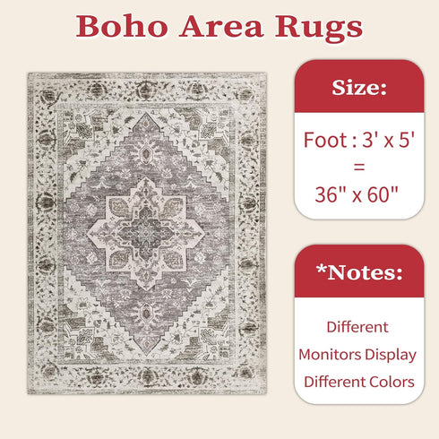 3x5 SERISSA Area Rug Boho Rugs for Bedroom, Washable Kitchen Rugs Non-Slip, Ultra Soft Print Distressed Entry Rug