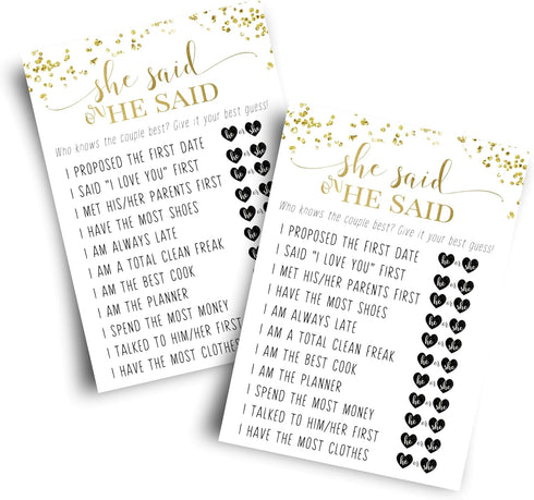 Black and Gold Bridal Shower Games - 25 Cards for He Said She Said, Guess Who Wedding Activity