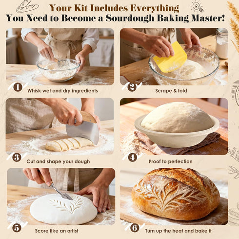 Risecret 9" 10" 34 oz Sourdough Starter Kit with Aliquot Jar, Wood Pulp Round & Oval Bannetons & Sourdough Starter Jar