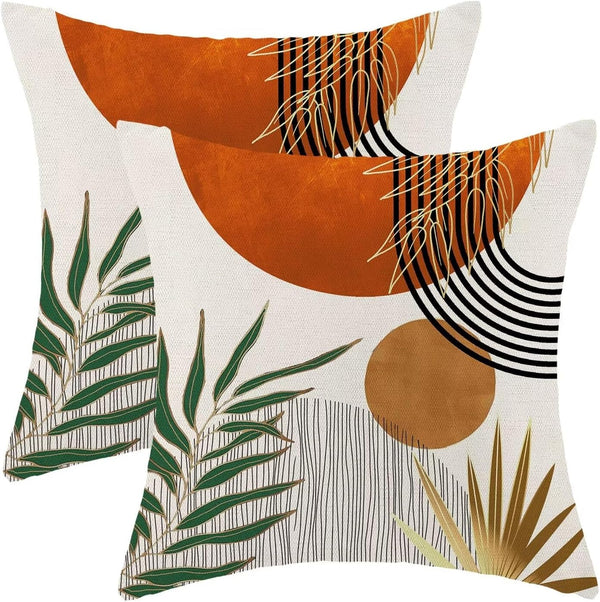Boho Mid Century Pillow Covers 18x18 Set of 2, Orange Gold Geometric Aesthetic Cushion Cover for Living Room Decor